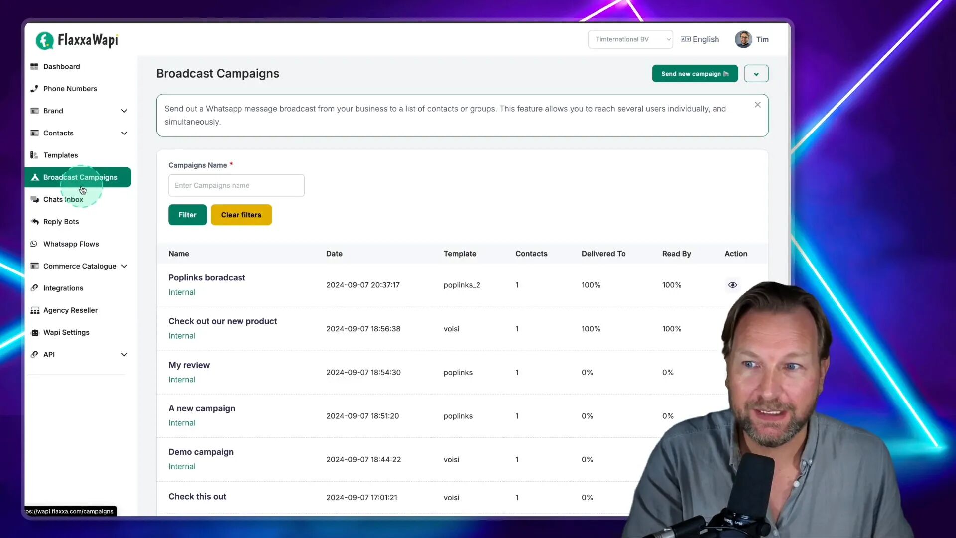 Sending broadcast messages with Flaxxa Wapi