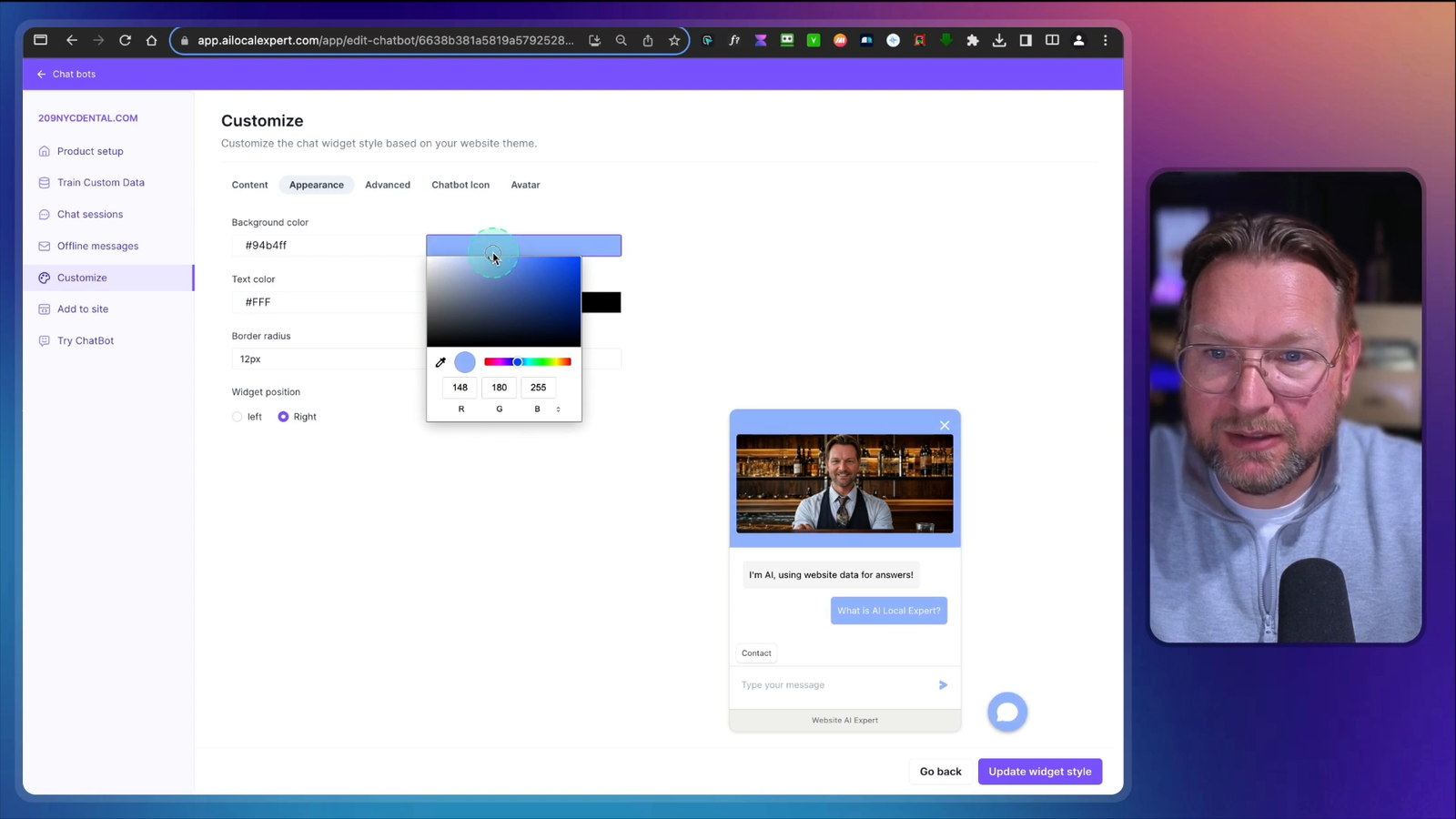 Screenshot showcasing customization options for the chatbot in AI Local Expert