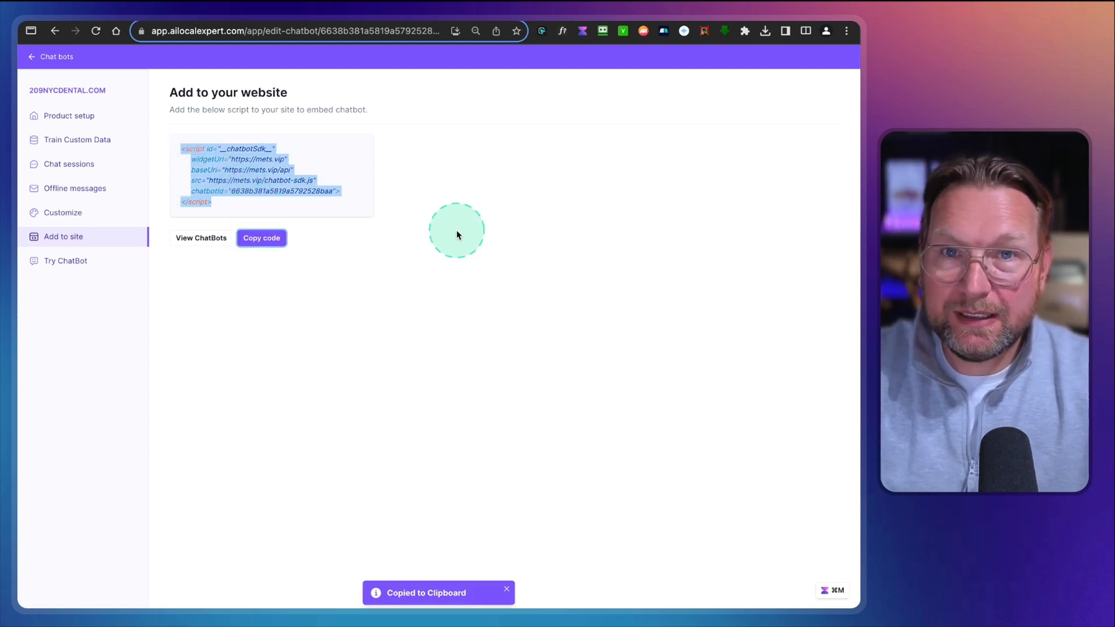 Screenshot of the chatbot testing interface in AI Local Expert