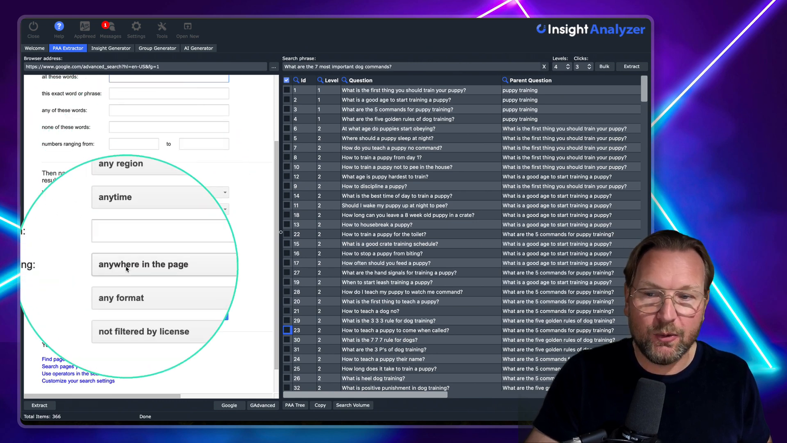 Setting advanced search parameters in Insight Analyzer.