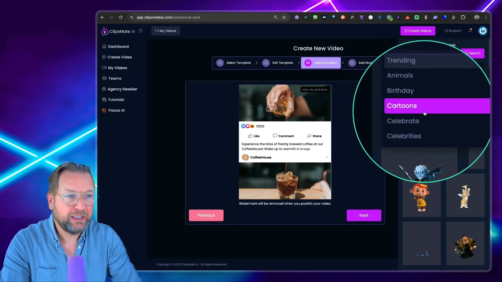 Animation options in ClipsMate AI